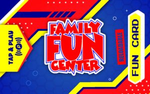 Image of Front of Fun Card with logo, tap to play, and rechargagable Fun Card text 